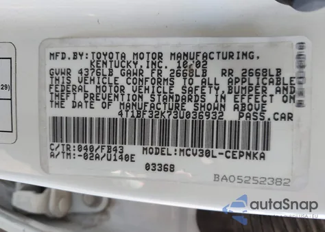 2003 Toyota Camry Le V6 z USA, uszkodzony, nr VIN 4T1BF32K73U036932